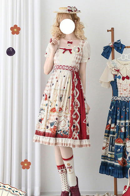 Sweet Lolita Dress - Tea Party, Red, Printed, Bow Detail, Lace Trim - additional product view 2