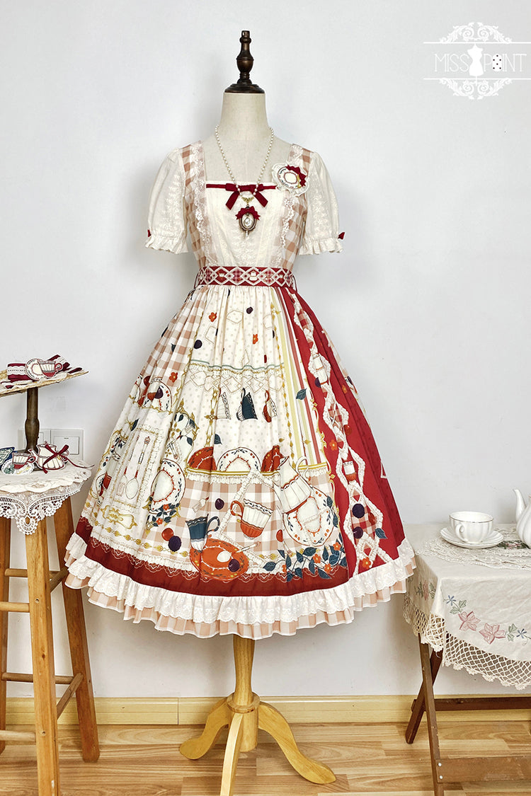 Sweet Lolita Dress - Tea Party, Red, Printed, Bow Detail, Lace Trim - additional product view 5