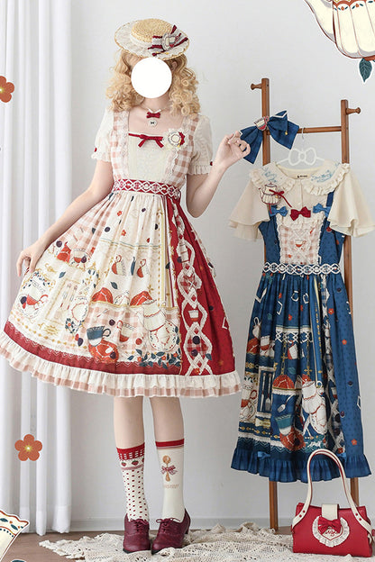 Sweet Lolita Dress - Tea Party, Red, Printed, Bow Detail, Lace Trim - main product image