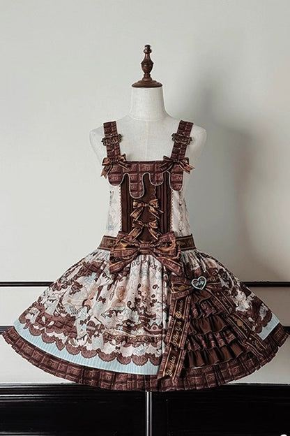 Sweet Lolita Dress - Teddy Bear Chocolate, Brown, Printed, Bow Detail, Ruffled - additional product view 3