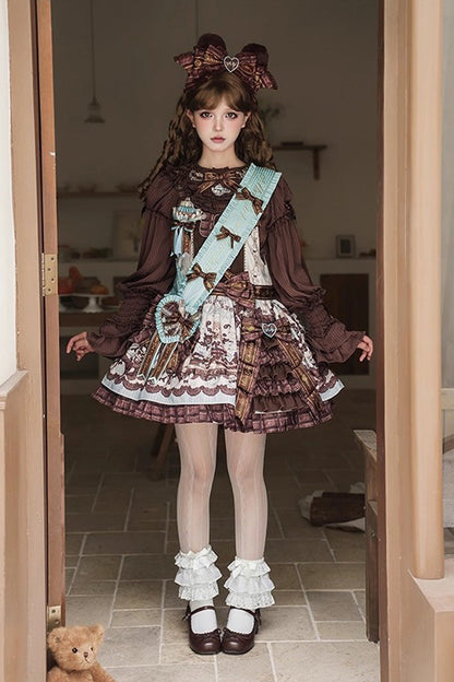 Sweet Lolita Dress - Teddy Bear Chocolate, Brown, Printed, Bow Detail, Ruffled - additional product view 9