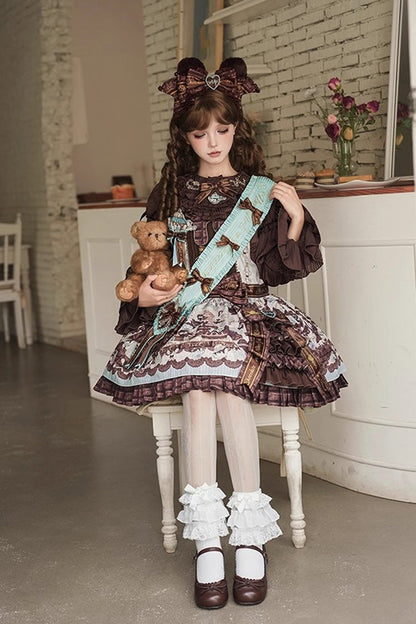 Sweet Lolita Dress - Teddy Bear Chocolate, Brown, Printed, Bow Detail, Ruffled - additional product view 10