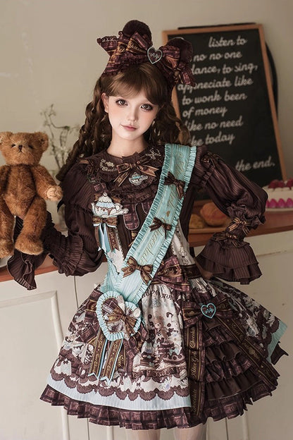 Sweet Lolita Dress - Teddy Bear Chocolate, Brown, Printed, Bow Detail, Ruffled - main product image