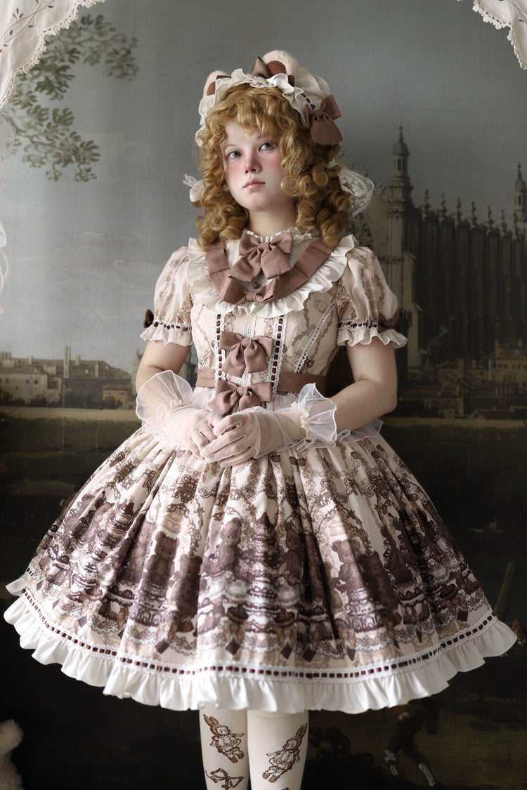Sweet Lolita Dress - Teddy Bear Party, Brown, Printed, Bow Detail, Ruffled - additional product view 2