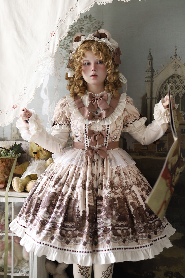 Sweet Lolita Dress - Teddy Bear Party, Brown, Printed, Bow Detail, Ruffled - additional product view 4