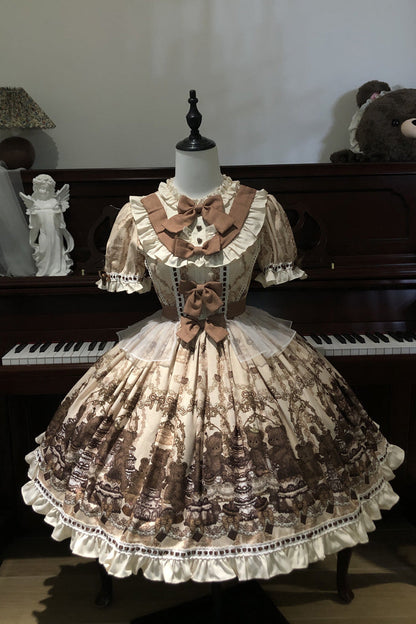 Sweet Lolita Dress - Teddy Bear Party, Brown, Printed, Bow Detail, Ruffled - additional product view 5