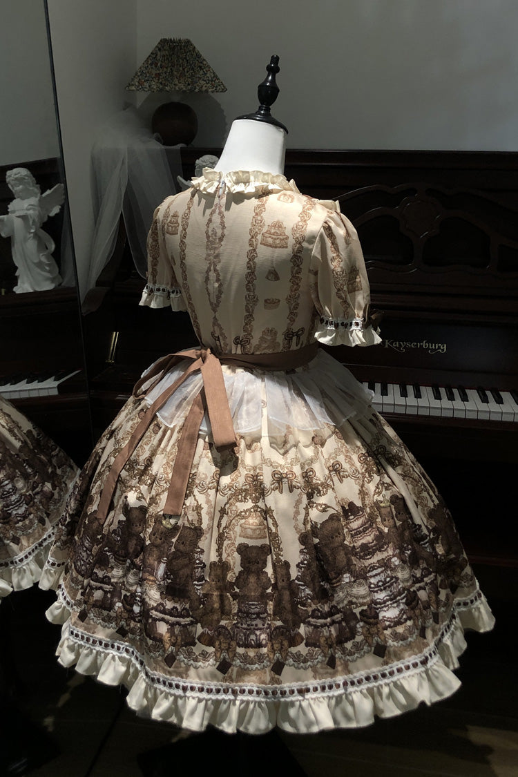Sweet Lolita Dress - Teddy Bear Party, Brown, Printed, Bow Detail, Ruffled - additional product view 8