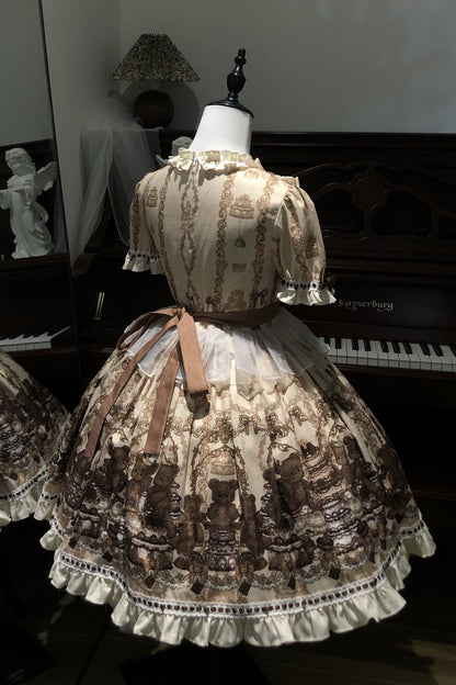 Sweet Lolita Dress - Teddy Bear Party, Brown, Printed, Bow Detail, Ruffled - additional product view 8
