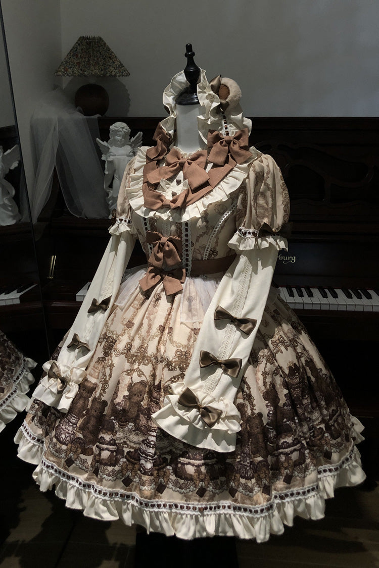 Sweet Lolita Dress - Teddy Bear Party, Brown, Printed, Bow Detail, Ruffled - additional product view 10
