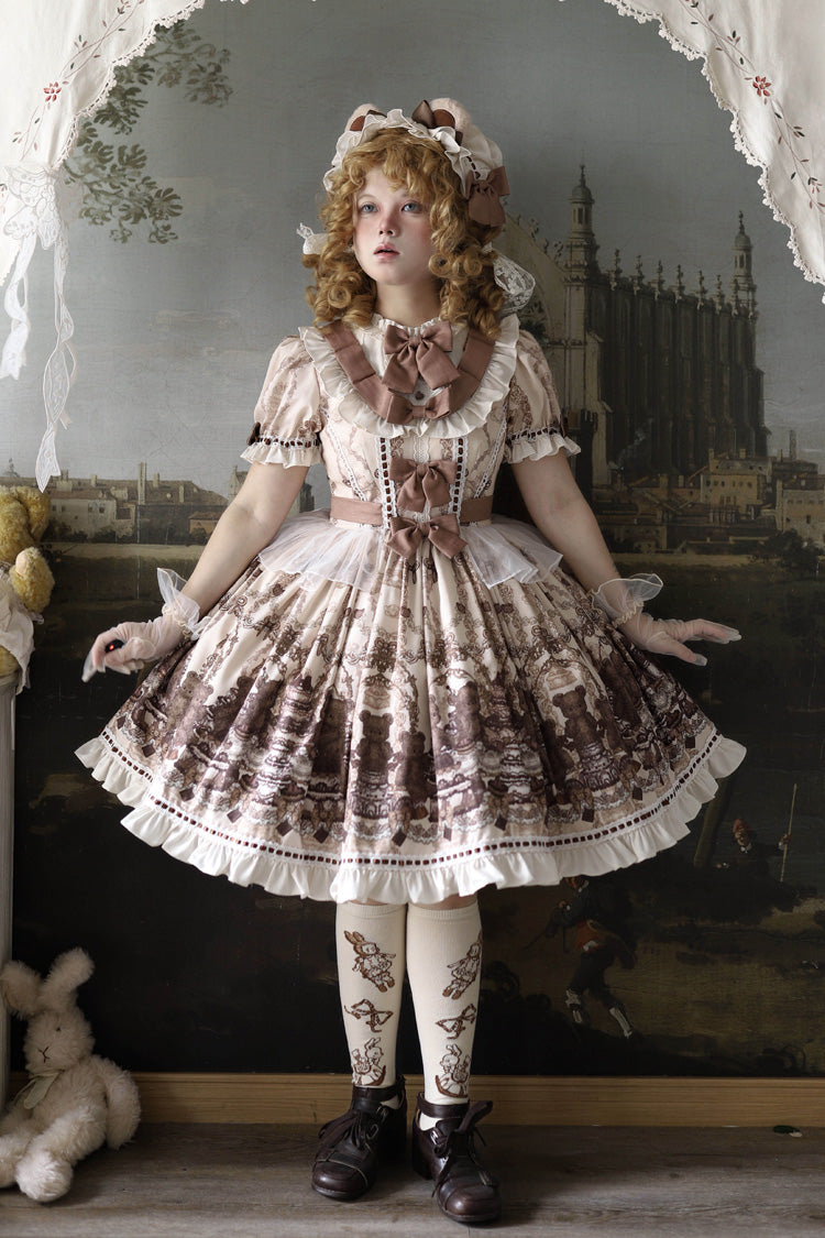 Sweet Lolita Dress - Teddy Bear Party, Brown, Printed, Bow Detail, Ruffled - additional product view 13