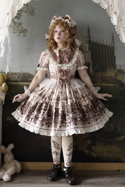 Sweet Lolita Dress - Teddy Bear Party, Brown, Printed, Bow Detail, Ruffled - additional product view 13
