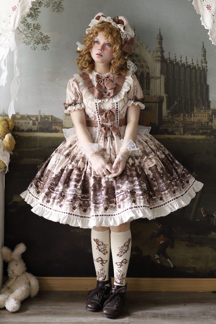 Sweet Lolita Dress - Teddy Bear Party, Brown, Printed, Bow Detail, Ruffled - additional product view 14