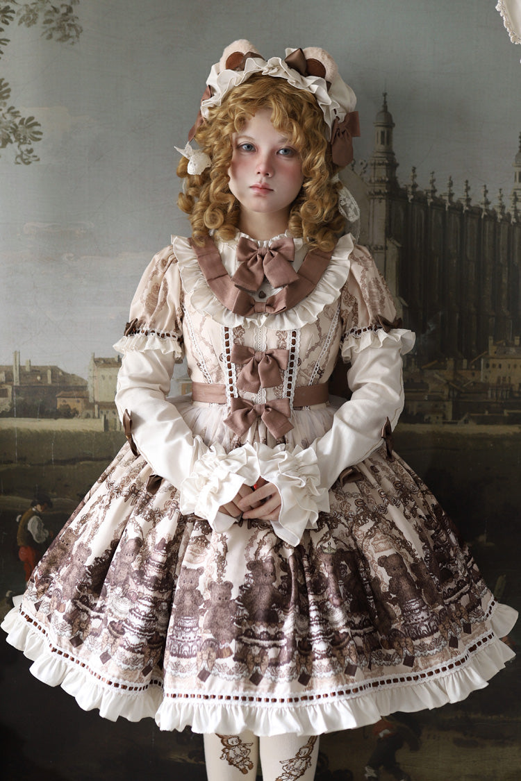 Sweet Lolita Dress - Teddy Bear Party, Brown, Printed, Bow Detail, Ruffled - main product image