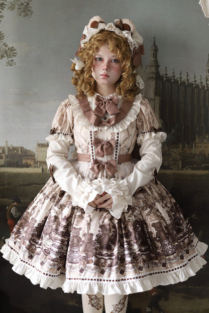 Sweet Lolita Dress - Teddy Bear Party, Brown, Printed, Bow Detail, Ruffled - main product image