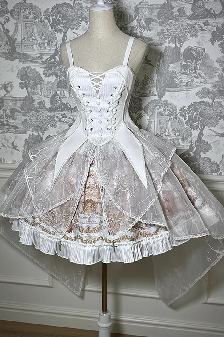 Sweet Lolita Dress - The Mystery Of The Doll Print, 2 Colors, Striped, Ruffled, Printed - XS White / S White / M White option