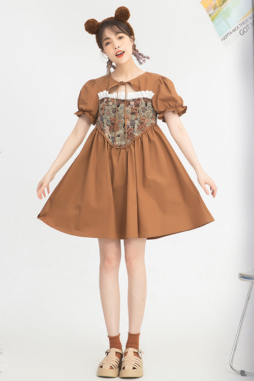 Sweet Lolita Dress - Tie Neck Bear Print Jacquard, Brown, High Waist, Printed - additional product view 2