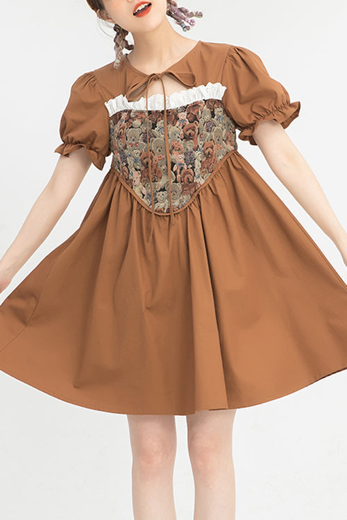 Sweet Lolita Dress - Tie Neck Bear Print Jacquard, Brown, High Waist, Printed - main product image