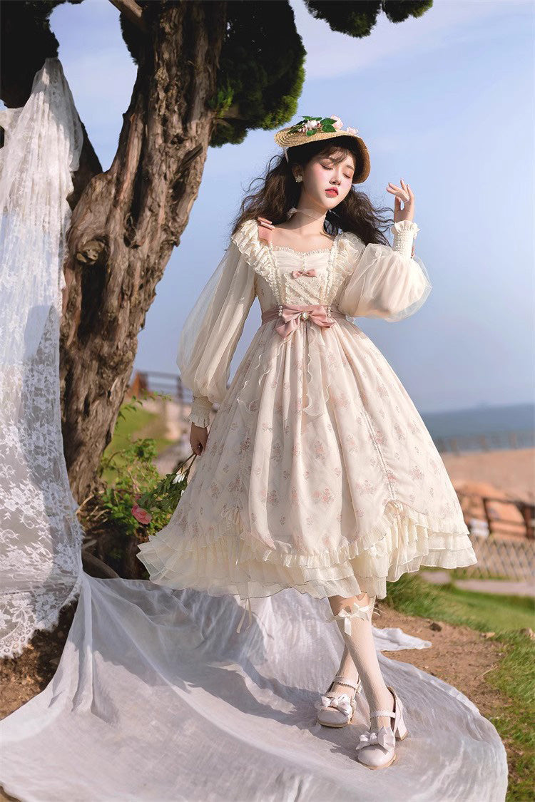 Sweet Lolita Dress - Time Letter Multi-layer Print, Ivory, Long Sleeves, Bow Detail - additional product view 2