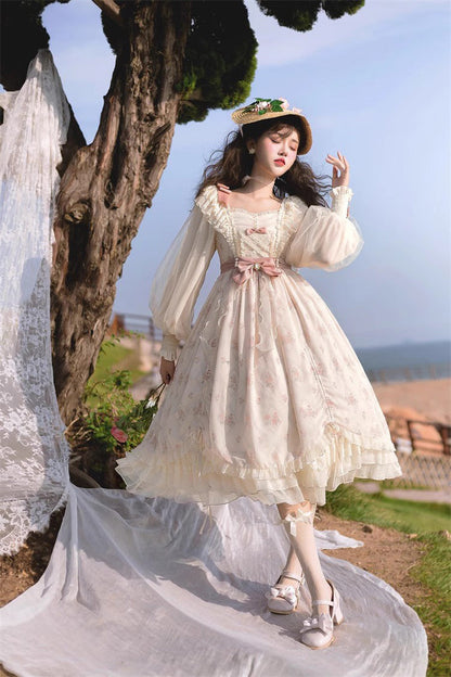 Sweet Lolita Dress - Time Letter Multi-layer Print, Ivory, Long Sleeves, Bow Detail - additional product view 2