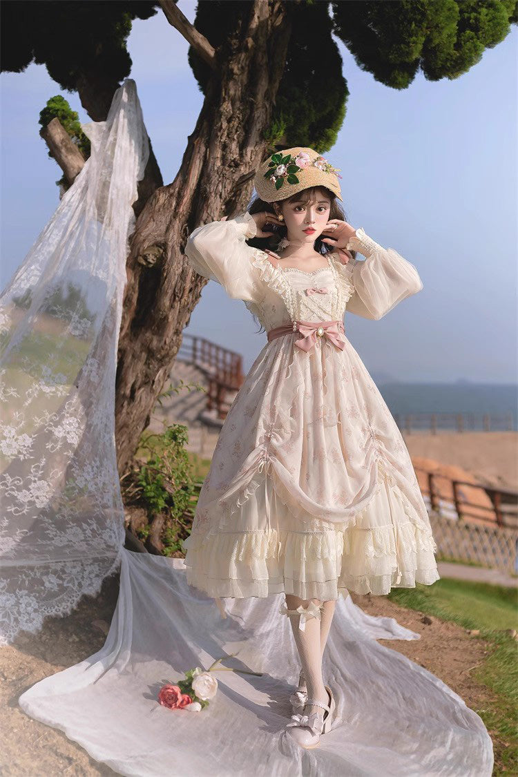 Sweet Lolita Dress - Time Letter Multi-layer Print, Ivory, Long Sleeves, Bow Detail - additional product view 3