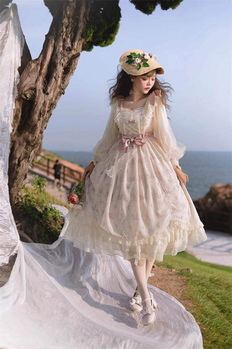 Sweet Lolita Dress - Time Letter Multi-layer Print, Ivory, Long Sleeves, Bow Detail - additional product view 4