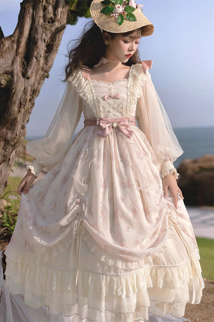 Sweet Lolita Dress - Time Letter Multi-layer Print, Ivory, Long Sleeves, Bow Detail - additional product view 5