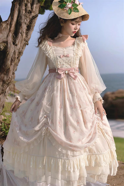 Sweet Lolita Dress - Time Letter Multi-layer Print, Ivory, Long Sleeves, Bow Detail - additional product view 5