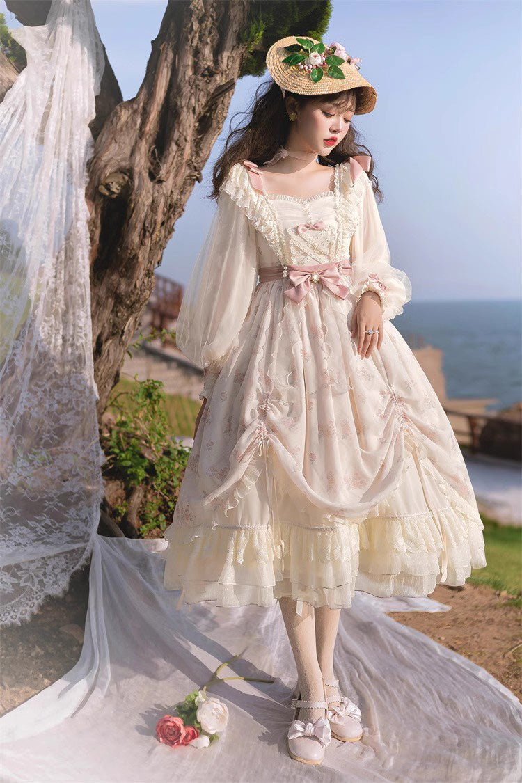 Sweet Lolita Dress - Time Letter Multi-layer Print, Ivory, Long Sleeves, Bow Detail - additional product view 6