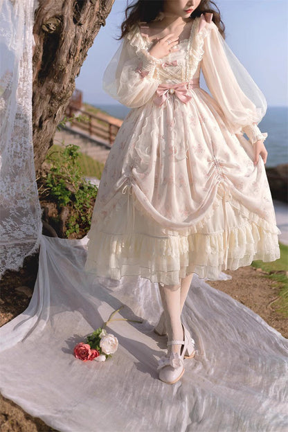 Sweet Lolita Dress - Time Letter Multi-layer Print, Ivory, Long Sleeves, Bow Detail - additional product view 7