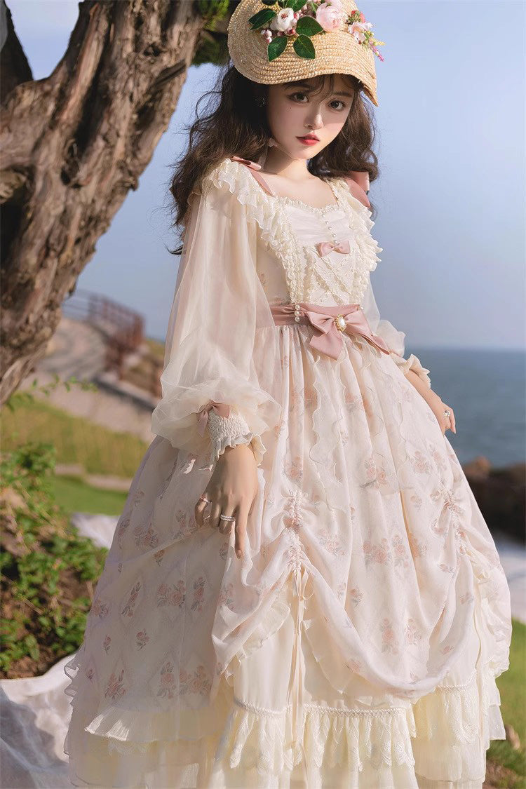Sweet Lolita Dress - Time Letter Multi-layer Print, Ivory, Long Sleeves, Bow Detail - additional product view 8