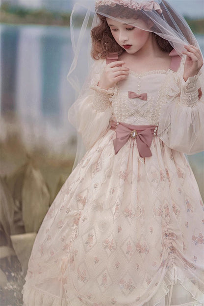 Sweet Lolita Dress - Time Letter Multi-layer Print, Ivory, Long Sleeves, Bow Detail - additional product view 9