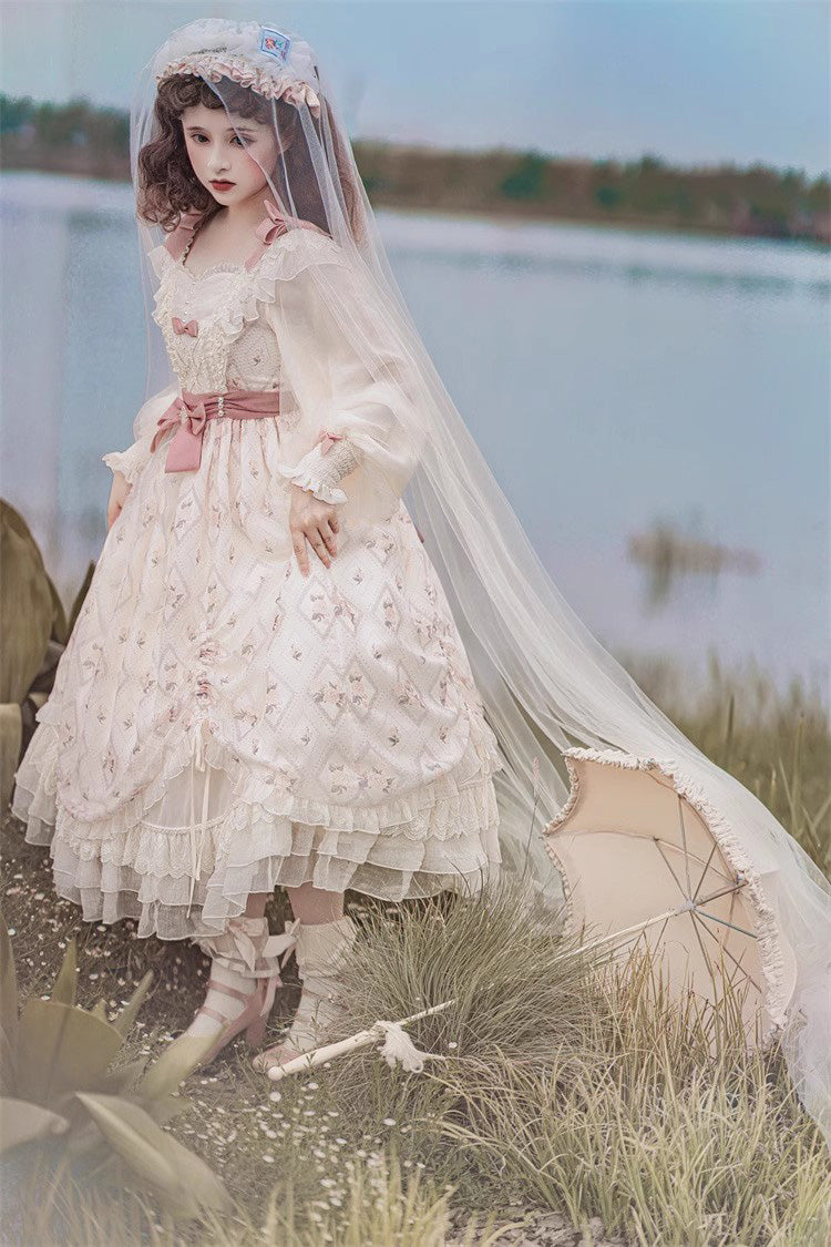 Sweet Lolita Dress - Time Letter Multi-layer Print, Ivory, Long Sleeves, Bow Detail - additional product view 10