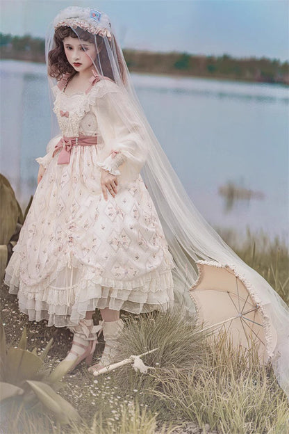 Sweet Lolita Dress - Time Letter Multi-layer Print, Ivory, Long Sleeves, Bow Detail - additional product view 10
