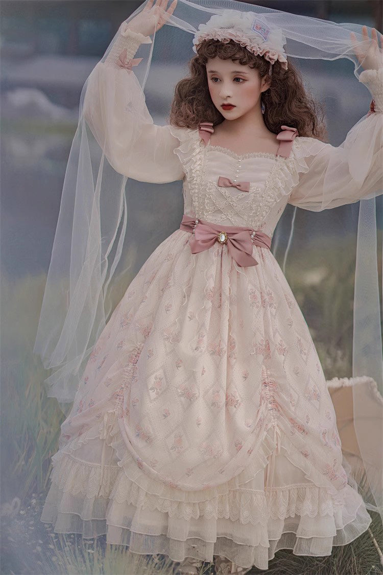 Sweet Lolita Dress - Time Letter Multi-layer Print, Ivory, Long Sleeves, Bow Detail - additional product view 11