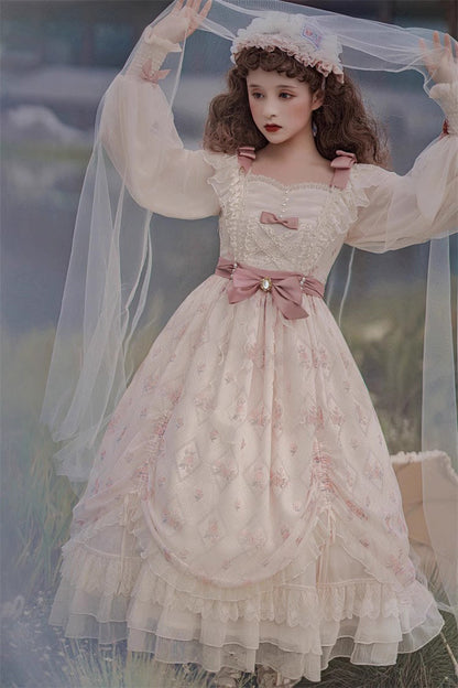 Sweet Lolita Dress - Time Letter Multi-layer Print, Ivory, Long Sleeves, Bow Detail - additional product view 11