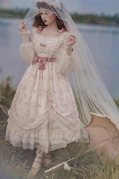 Sweet Lolita Dress - Time Letter Multi-layer Print, Ivory, Long Sleeves, Bow Detail - additional product view 12