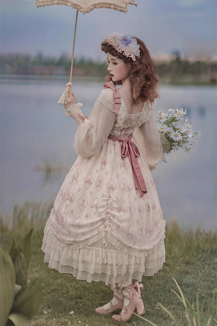 Sweet Lolita Dress - Time Letter Multi-layer Print, Ivory, Long Sleeves, Bow Detail - additional product view 13