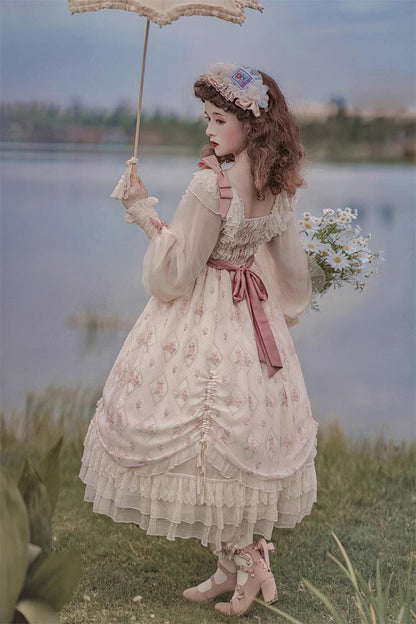 Sweet Lolita Dress - Time Letter Multi-layer Print, Ivory, Long Sleeves, Bow Detail - additional product view 13