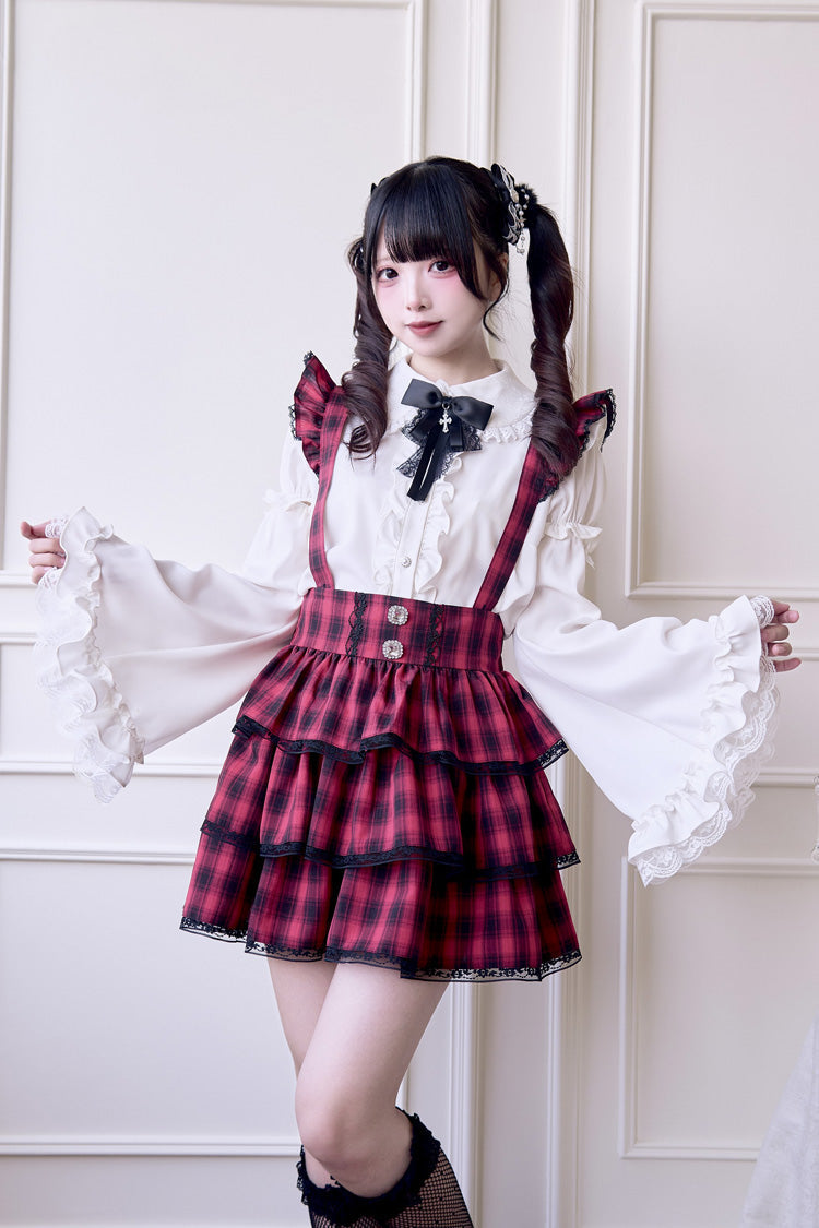 Sweet Lolita Dress - Triple-layered Plaid Print, Red, Plaid, Printed, Gothic Style - main product image