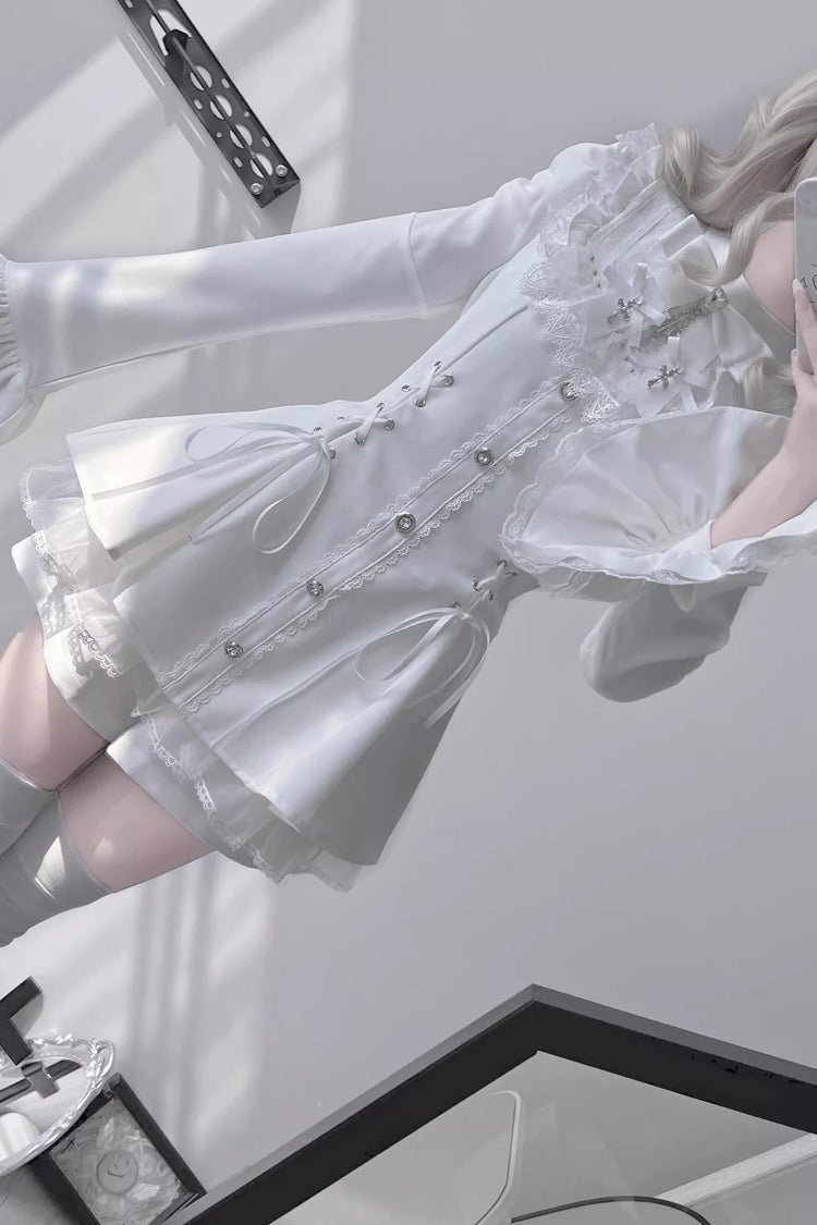 Sweet Lolita Dress - Trumpet Bowknot Lace-up Jirai, White, Long Sleeves, Gothic Style - additional product view 2