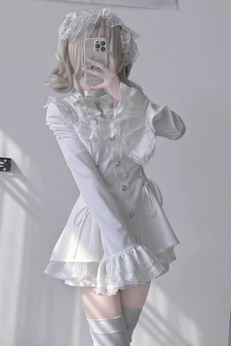 Sweet Lolita Dress - Trumpet Bowknot Lace-up Jirai, White, Long Sleeves, Gothic Style - additional product view 3