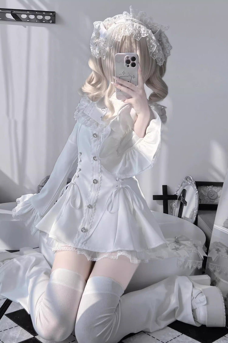 Sweet Lolita Dress - Trumpet Bowknot Lace-up Jirai, White, Long Sleeves, Gothic Style - additional product view 4