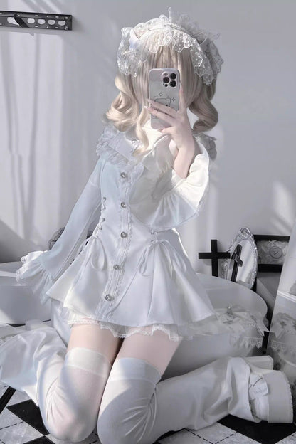 Sweet Lolita Dress - Trumpet Bowknot Lace-up Jirai, White, Long Sleeves, Gothic Style - additional product view 4