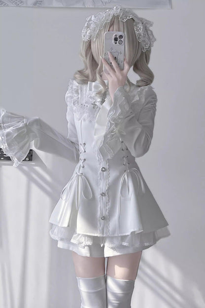 Sweet Lolita Dress - Trumpet Bowknot Lace-up Jirai, White, Long Sleeves, Gothic Style - additional product view 5