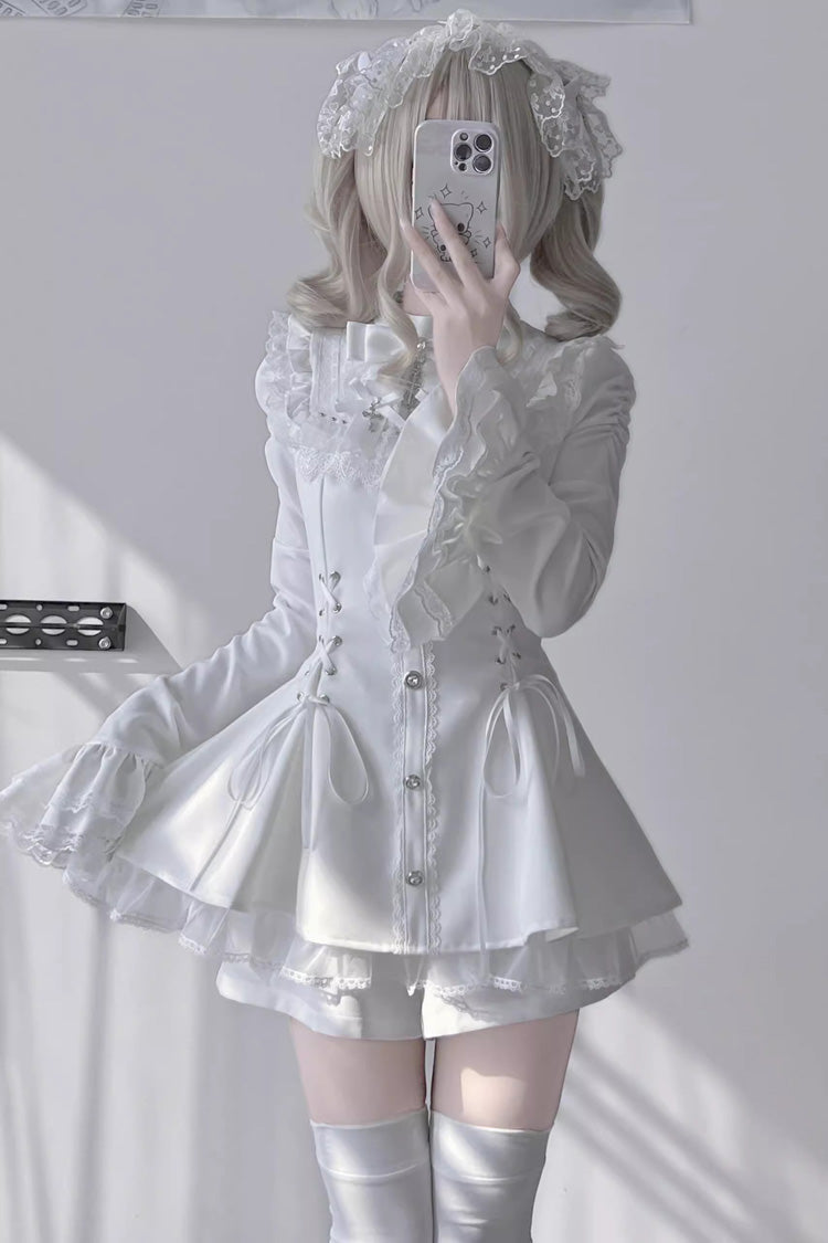 Sweet Lolita Dress - Trumpet Bowknot Lace-up Jirai, White, Long Sleeves, Gothic Style - main product image