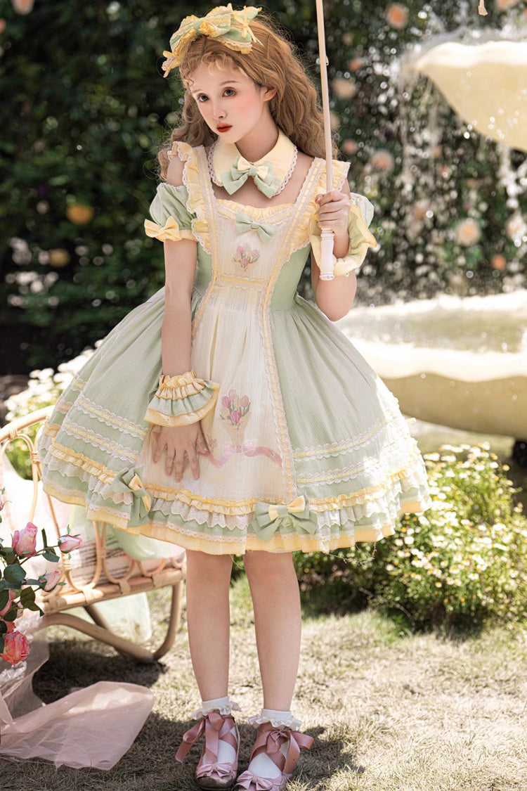 Sweet Lolita Dress - Tulip Print Ruffle Bowknot, Green, Printed, Bow Detail, Ruffled - additional product view 2
