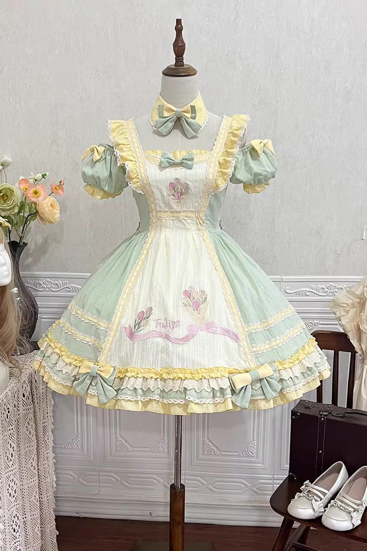 Sweet Lolita Dress - Tulip Print Ruffle Bowknot, Green, Printed, Bow Detail, Ruffled - additional product view 3