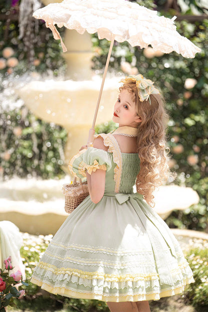 Sweet Lolita Dress - Tulip Print Ruffle Bowknot, Green, Printed, Bow Detail, Ruffled - additional product view 5