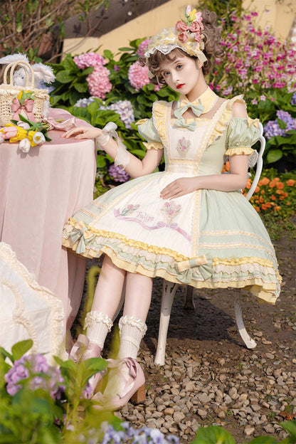 Sweet Lolita Dress - Tulip Print Ruffle Bowknot, Green, Printed, Bow Detail, Ruffled - additional product view 6