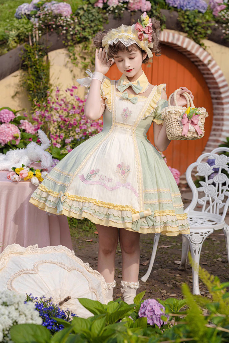 Sweet Lolita Dress - Tulip Print Ruffle Bowknot, Green, Printed, Bow Detail, Ruffled - additional product view 7